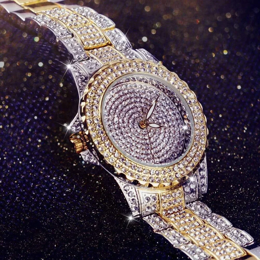 Women's Mix Gold Crystal Rhinestone Diamond Stainless Steel Iced Out Wristwatch